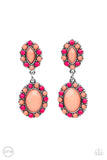 Positively Pampered - Orange - Paparazzi Accessories -  Item #P5CO-OGXX-003XX Bordered in dainty Burnt Coral and Raspberry Sorbet beads, a pair of marquise and oval Burnt Coral beads delicately link into a colorful lure for a fresh pop of color. Earring attaches to a standard clip-on fitting.  Sold as one pair of clip-on earrings.