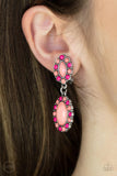 Positively Pampered - Orange - Paparazzi Accessories -  Item #P5CO-OGXX-003XX Bordered in dainty Burnt Coral and Raspberry Sorbet beads, a pair of marquise and oval Burnt Coral beads delicately link into a colorful lure for a fresh pop of color. Earring attaches to a standard clip-on fitting.  Sold as one pair of clip-on earrings.