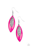 Venetian Vanity - Pink - Paparazzi Accessories -  Item #P5WH-PKXX-249XX Asymmetrically bordered in a Fuchsia Fedora frame, airy silver filigree blooms along the center of a colorful lure for a seasonal flair. Earring attaches to a standard fishhook fitting.  Sold as one pair of earrings.