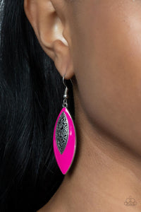 Venetian Vanity - Pink - Paparazzi Accessories -  Item #P5WH-PKXX-249XX Asymmetrically bordered in a Fuchsia Fedora frame, airy silver filigree blooms along the center of a colorful lure for a seasonal flair. Earring attaches to a standard fishhook fitting.  Sold as one pair of earrings.