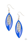 Venetian Vanity - Blue - Paparazzi Accessories -  Item #P5WH-BLXX-251XX Asymmetrically bordered in a bright Mykonos Blue frame, airy silver filigree blooms along the center of a colorful lure for a seasonal flair. Earring attaches to a standard fishhook fitting.  Sold as one pair of earrings.