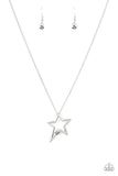 Light Up The Sky - Silver - Paparazzi Accessories -   Item #P2SE-SVXX-161XX Infused with a dainty hematite rhinestone beaded accent, a striking silver star glides along a shiny silver chain below the collar, creating a stellar pendant. Features an adjustable clasp closure.  Sold as one individual necklace. Includes one pair of matching earrings..