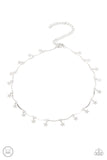 Little Miss Americana - Silver - Paparazzi Accessories -  Item #P2CH-SVXX-072CF A collection of dainty silver stars and curved silver bars delicately connect around the neck, creating a stellar fringe. Features an adjustable clasp closure.  Sold as one individual necklace. Includes one pair of matching earrings.