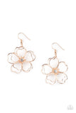 Petal Power - Rose Gold - Paparazzi Accessories -  Item #P5WH-GDRS-099XX Layers of heart-shaped petals molded from shiny rose gold wire create an airy three-dimensional flower. A dainty white rhinestone dots the center adding sparkle to the whimsical frame. Earring attaches to a standard fishhook fitting.  Sold as one pair of earrings.