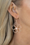 Petal Power - Rose Gold - Paparazzi Accessories -  Item #P5WH-GDRS-099XX Layers of heart-shaped petals molded from shiny rose gold wire create an airy three-dimensional flower. A dainty white rhinestone dots the center adding sparkle to the whimsical frame. Earring attaches to a standard fishhook fitting.  Sold as one pair of earrings.