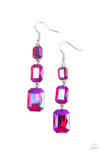 Cosmic Red Carpet - Pink - Paparazzi Accessories -  Item #P5RE-PKXX-236XX Featuring a dazzling pink UV shimmer, a trio of emerald-cut gems in graduating sizes is linked one below the other for a dramatic red carpet finish. Earring attaches to a standard fishhook fitting.  Sold as one pair of earrings.