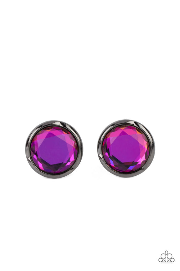 Double-Take Twinkle - Multi - Paparazzi Accessories -  Item #P5PO-MTXX-055XX Featuring a flashy faceted finish, an oversized oil spill gem is pressed into a sleek gunmetal fitting for a dramatic pop of dazzle. Earring attaches to a standard post fitting.  Sold as one pair of post earrings.