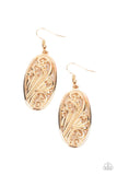 High Tide Terrace - Gold - Paparazzi Accessories -  Item #P5WH-GDXX-114XX Featuring a high sheen gold finish, elegant frills and dotted designs blossom inside an oval frame create a swirling botanical allure. Earring attaches to a standard fishhook fitting.  Sold as one pair of earrings.