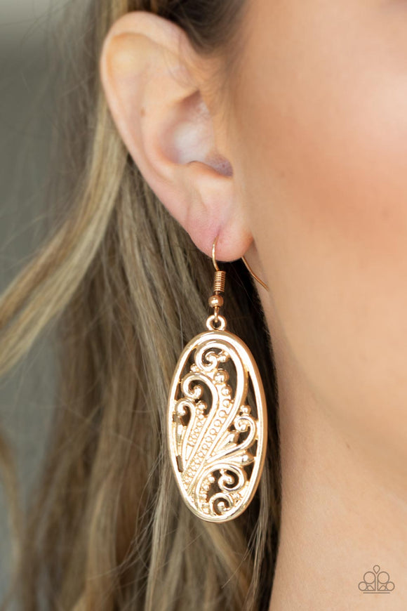 High Tide Terrace - Gold - Paparazzi Accessories -  Item #P5WH-GDXX-114XX Featuring a high sheen gold finish, elegant frills and dotted designs blossom inside an oval frame create a swirling botanical allure. Earring attaches to a standard fishhook fitting.  Sold as one pair of earrings.