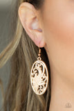 High Tide Terrace - Gold - Paparazzi Accessories -  Item #P5WH-GDXX-114XX Featuring a high sheen gold finish, elegant frills and dotted designs blossom inside an oval frame create a swirling botanical allure. Earring attaches to a standard fishhook fitting.  Sold as one pair of earrings.