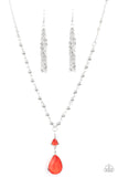 Titanic Splendor - Red - Paparazzi Accessories -  Item #P2RE-RDXX-202XX A magnificent red teardrop gem steals the show as it dangles brilliantly from a lengthened silver chain. A small heart-shaped red gem and shiny round beads accentuate the majestic look. Features an adjustable clasp closure.  Sold as one individual necklace. Includes one pair of matching earrings.