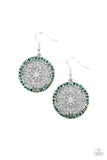 Bollywood Ballroom - Green - Paparazzi Accessories -   Item #P5RE-GRXX-157XX Infused with a border of iridescent green rhinestones, studded silver heart shape filigree fans out from a decorative silver floral center for a whimsical look. Earring attaches to a standard fishhook fitting.  Sold as one pair of earrings.