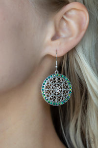 Bollywood Ballroom - Green - Paparazzi Accessories -   Item #P5RE-GRXX-157XX Infused with a border of iridescent green rhinestones, studded silver heart shape filigree fans out from a decorative silver floral center for a whimsical look. Earring attaches to a standard fishhook fitting.  Sold as one pair of earrings.