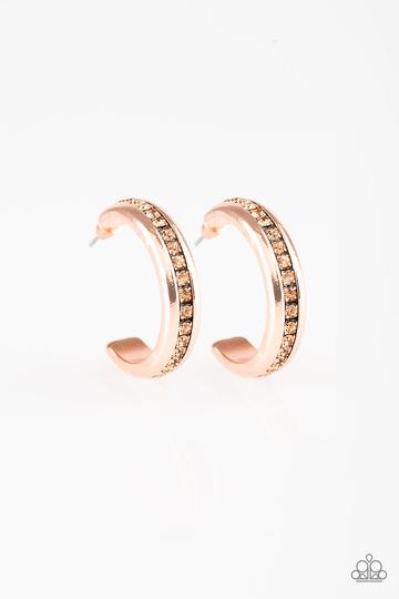 5th Avenue Fashionista - Copper - Paparazzi Accessories -  PHSO-CPSH-O93XX  A row of glassy topaz rhinestones is encrusted down the spine of a shiny copper hoop for a refined look. Earring attaches to a standard post fitting. Hoop measures 1 1/4