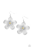 Meadow Musical - Yellow - Paparazzi Accessories -  Item #P5WH-YWXX-173XX Dotted with a dainty yellow rhinestone, airy silver petals streaked with linear bars bloom into an enchanting floral frame. Earring attaches to a standard fishhook fitting.  Sold as one pair of earrings.