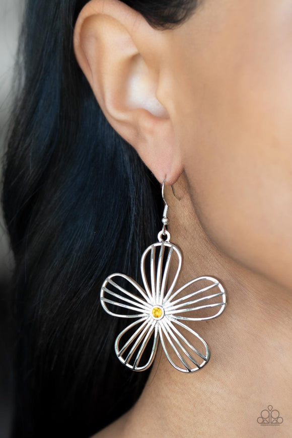 Meadow Musical - Yellow - Paparazzi Accessories -  Item #P5WH-YWXX-173XX Dotted with a dainty yellow rhinestone, airy silver petals streaked with linear bars bloom into an enchanting floral frame. Earring attaches to a standard fishhook fitting.  Sold as one pair of earrings.