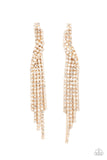 Cosmic Candescence - Gold - Paparazzi Accessories -  Item #P5PO-GDXX-195XX Encased in glistening gold fittings, dainty strands of glittery white rhinestones delicately overlap into a tapered tassel for a twinkly look. Earring attaches to a standard post fitting.  Sold as one pair of post earrings.