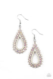 The Works - Multi - Paparazzi Accessories -  Item #P5RE-MTXX-103XX Glittery rows of white, iridescent, and opal rhinestones stack into a solitaire sparkly teardrop frame for a glamorous fashion. Earring attaches to a standard fishhook fitting.  Sold as one pair of earrings.