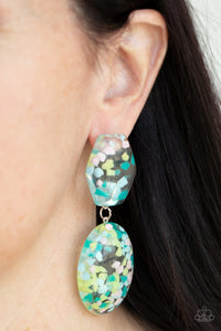 Flaky Fashion - Multi - Paparazzi Accessories -  Item #P5PO-MTXX-045XX Featuring multicolored confetti-like flakes, a clear acrylic oval frame swings from the bottom of a matching hexagonal frame, creating a bubbly lure. Earring attaches to a standard post fitting.  Sold as one pair of post earrings.