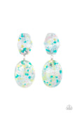 Flaky Fashion - Multi - Paparazzi Accessories -  Item #P5PO-MTXX-045XX Featuring multicolored confetti-like flakes, a clear acrylic oval frame swings from the bottom of a matching hexagonal frame, creating a bubbly lure. Earring attaches to a standard post fitting.  Sold as one pair of post earrings.