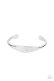 Ancient Accolade - Silver - Paparazzi Accessories -  Item #P9BA-SVXX-132XX The center of a dainty silver cuff is flattened and hammered in antiqued details, creating a chic rustic centerpiece around the wrist.  Sold as one individual bracelet.