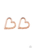 Cupid, Who? - Copper - Paparazzi Accessories -  Item #P5PO-CPSH-042XX One side of a shiny copper heart frame is subtlety twisted with twinkly texture, creating a romantic display. Earring attaches to a standard post fitting.  Sold as one pair of post earrings.