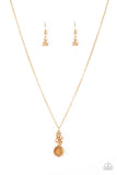 Clustered Candescence - Gold - Paparazzi Accessories -  Item #P2DA-GDXX-266XX A faceted golden gem-like bead swings from the bottom of a golden beaded tassel, creating a twinkly pendant below the collar. Features an adjustable clasp closure.  Sold as one individual necklace. Includes one pair of matching earrings.