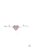 Heart of Ice - Pink - Paparazzi Accessories -  Item #P9DA-PKXX-089XX Brimming with dainty emerald-cut pink rhinestones, a simple silver heart frame sits atop a classic silver bar curved into a simple cuff bracelet for a whimsical display across the wrist.  Sold as one individual bracelet.