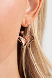 Butterfly Freestyle - Rose Gold - Paparazzi Accessories -  Item #P5HO-GDRS-229XX An airy rose gold butterfly charm glides along a dainty rose gold hoop, creating a fluttering fashion. Earring attaches to a post fitting. Hoop measures approximately 3/4" in diameter.  Sold as one pair of hoop earrings.