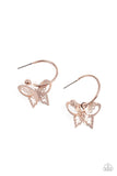 Butterfly Freestyle - Rose Gold - Paparazzi Accessories -  Item #P5HO-GDRS-229XX An airy rose gold butterfly charm glides along a dainty rose gold hoop, creating a fluttering fashion. Earring attaches to a post fitting. Hoop measures approximately 3/4" in diameter.  Sold as one pair of hoop earrings.