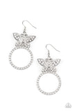 Paradise Found - White - Paparazzi Accessories -  Item #P5ST-WTXX-048XX A white rhinestone encrusted silver butterfly flutters atop a silver ring dotted in matching white rhinestones, resulting in a dazzling statement piece. Earring attaches to a standard fishhook fitting.  Sold as one pair of earrings.