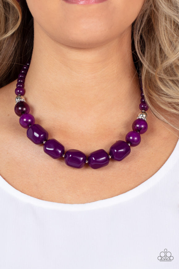 Ten Out of TENACIOUS - Purple - Paparazzi Accessories -  Item #P2ST-PRXX-128XX Accented with bright silver beads and glittery rhinestone accents, a row of oversized subtly faceted plum beads gives way to marbled plum beads that transition to smaller opaque plum beads as they make their way around the collar for a modern fashion. Features an adjustable clasp closure.  Sold as one individual necklace. Includes one pair of matching earrings.