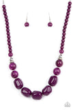 Ten Out of TENACIOUS - Purple - Paparazzi Accessories -  Item #P2ST-PRXX-128XX Accented with bright silver beads and glittery rhinestone accents, a row of oversized subtly faceted plum beads gives way to marbled plum beads that transition to smaller opaque plum beads as they make their way around the collar for a modern fashion. Features an adjustable clasp closure.  Sold as one individual necklace. Includes one pair of matching earrings.