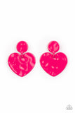 Just a Little Crush - Pink - Paparazzi Accessories -  Item #P5PO-PKXX-072XX Painted in a glossy Fuchsia Fedora finish, a hammered disc gives way to a hammered heart frame for a flirtatious fashion. Earring attaches to a standard post fitting.  Sold as one pair of post earrings.