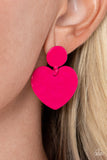 Just a Little Crush - Pink - Paparazzi Accessories -  Item #P5PO-PKXX-072XX Painted in a glossy Fuchsia Fedora finish, a hammered disc gives way to a hammered heart frame for a flirtatious fashion. Earring attaches to a standard post fitting.  Sold as one pair of post earrings.