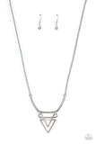 Tulum Totem - Silver - Paparazzi Accessories -  Item #P2SE-SVXX-160XX Classic smooth bars twist together to form a double-layered arrow that dips below the collar. Accented with classic silver beads and cylinders, an Ultimate Gray cord completes the fashionably modern look. Features an adjustable clasp closure.  Sold as one individual necklace. Includes one pair of matching earrings.