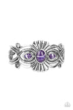 Rural Rumination - Purple - Paparazzi Accessories -  Item #P9SE-PRXX-170XX Purple faux stone beads adorn the flared center of a frilly silver cuff layered with whirling smooth and textured silver filigree, creating a whimsical pop of color atop the wrist.  Sold as one individual bracelet.