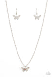 Flutter Love - Pink - Paparazzi Accessories -  Item #P2WH-PKXX-432XX Layered with ornate silver wings, an iridescent pink rhinestone dotted butterfly flutters from a dainty silver chain below the collar for a whimsical fashion. Features an adjustable clasp closure.  Sold as one individual necklace. Includes one pair of matching earrings.