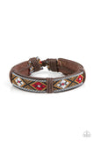 Textile Takeover - Red - Paparazzi Accessories -  Item #P9UR-RDXX-141XX A ribbon featuring a floral red, brown, black, and white textile print is knotted in place across the front of a brown leather band, creating a simply seasonal style around the wrist. Features an adjustable sliding knot closure.  Sold as one individual bracelet.