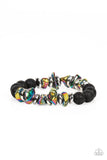 Volcanic Vacay - Multi - Paparazzi Accessories -  Item #P9UR-MTXX-234XX An earthy collection of black lava rock beads, dainty silver discs, and oil spill metallic pebbles are threaded along a stretchy band around the wrist, resulting in an edgy look.  Sold as one individual bracelet.