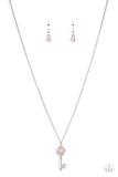 Prized Key Player - Pink - Paparazzi Accessories -  Item #P2DA-PKXX-160XX Bordered in glassy white rhinestones, an opal pink rhinestone adorns a shiny silver key pendant at the bottom of a dainty silver chain for a whimsical fashion. Features an adjustable clasp closure.  Sold as one individual necklace. Includes one pair of matching earrings