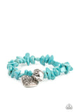 Love You to Pieces​ - Blue - Paparazzi Accessories -  Item #P9SE-BLXX-387XX Infused with a hammered silver bead and a decorative silver heart charm, an earthy collection of turquoise pebbles are threaded along a stretchy band around the wrist for a whimsical fashion.  Sold as one individual bracelet.