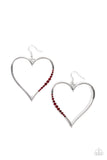 Bewitched Kiss - Red - Paparazzi Accessories -  Item #P5WH-RDXX-160XX A section of fiery red rhinestones adorns a curvaceous silver heart frame, resulting in a heart-stopping sparkle. Earring attaches to a standard fishhook fitting.  Sold as one pair of earrings.