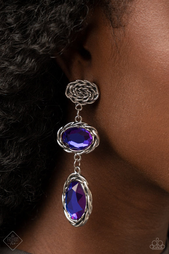 Majestic Muse - Multi - Paparazzi Accessories -  Item #P5PO-MTXX-092HQ A coil of antiqued silver gives way to two oval multicolored purple gems. Brushed in a metallic-like finish, the shimmering gems are wrapped in layered frames of rustic rope texture creating an elegantly idyllic lure. Earring attaches to a standard post fitting.  Sold as one pair of post earrings.