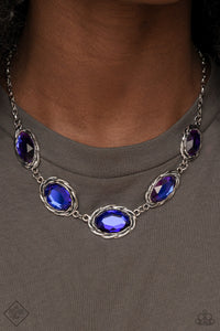 Regal Renaissance - Multi - Paparazzi Accessories -  Item #P2ST-MTXX-094HQ Brushed in a subtle metallic finish, a collection of variegated oval multicolored purple gems connect end to end along the collar. Antiqued silver frames, embellished with a layered rope texture, wrap around each of the brilliant gems for a rustically refined finish. Features an adjustable clasp closure.  Sold as one individual necklace. Includes one pair of matching earrings.