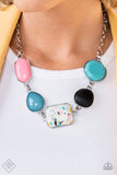 Let The Adventure Begin - Multi - Paparazzi Accessories -  Item #P2ST-MTXX-095EY Featuring vivacious pops of color and mismatched sized frames, a boisterous collection of solid and milky beads, black wood, and a flecked terrazzo stone, are encased in simple silver frames. Attached to a silver chain link style chain, the adventurous assortment creates a funky outside-the-box fashion as it connects below the collar. 