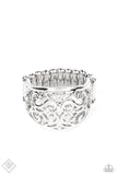 WISTFUL Thinking - Silver - Paparazzi Accessories -  Item #P4WH-SVXX-196GJ A wide, high sheen silver frame, infused with fanciful floral filigree, creates a romantically idyllic centerpiece atop the finger. Features a stretchy band for a flexible fit.  Sold as one individual ring.