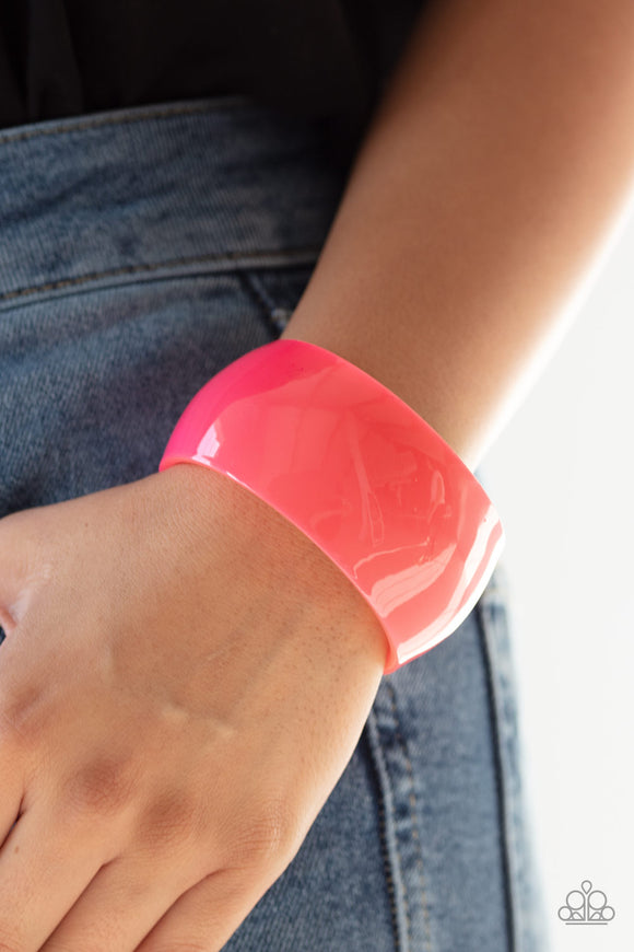 Fluent in Flamboyance - Pink - Paparazzi Accessories  A flamboyant pink acrylic cuff curls around the wrist for a colorfully retro look.  Sold as one individual bracelet.