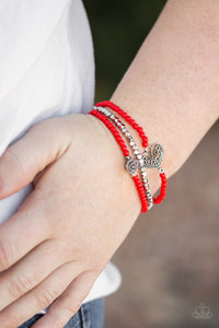 Lovers Loot - Red - Paparazzi Accessories  Featuring a gray resin rose and a shimmery silver heart charm, dainty red beads and faceted silver beads are threaded along stretchy bands for a vintage inspired look.  Sold as one set of three bracelets.