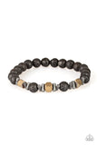 Rejuvenated - Brass - Paparazzi  An earthy collection of faceted brass cube beads, metallic accents, and black lava rock beads are threaded along a stretchy band around the wrist for a seasonal look.  Sold as one individual bracelet.